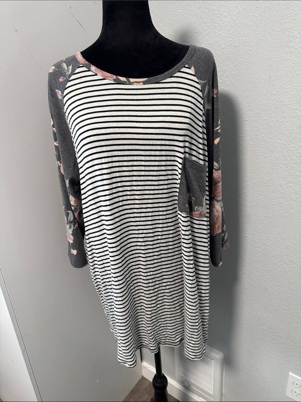 Chic Soul Black & White Striped Tee with Charcoal Floral Raglan Sleeves